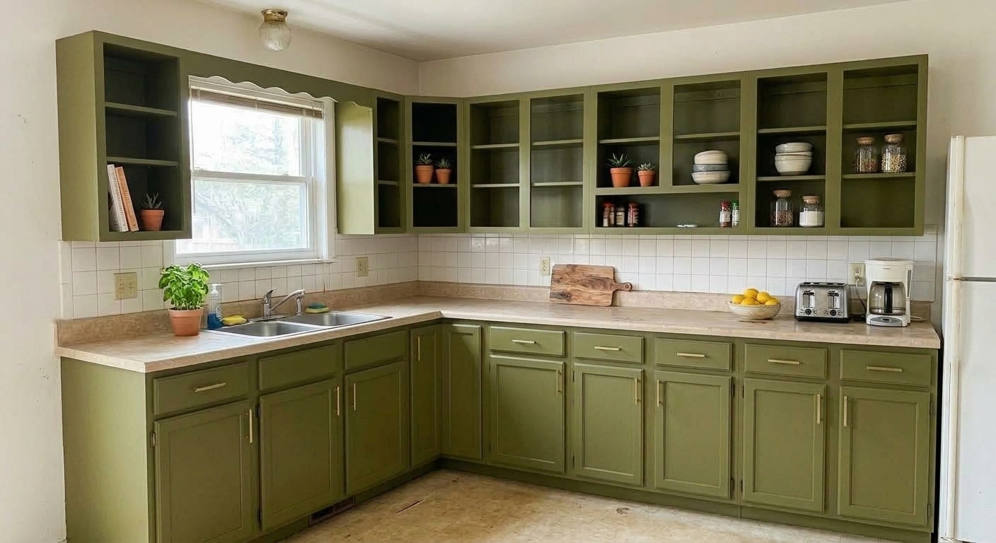 After: the same kitchen cabinets refinished in deep teal with open shelving and brass pulls