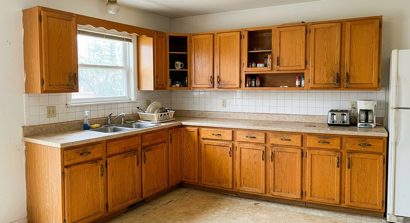 Before: dated golden-oak vintage kitchen cabinets with worn finish