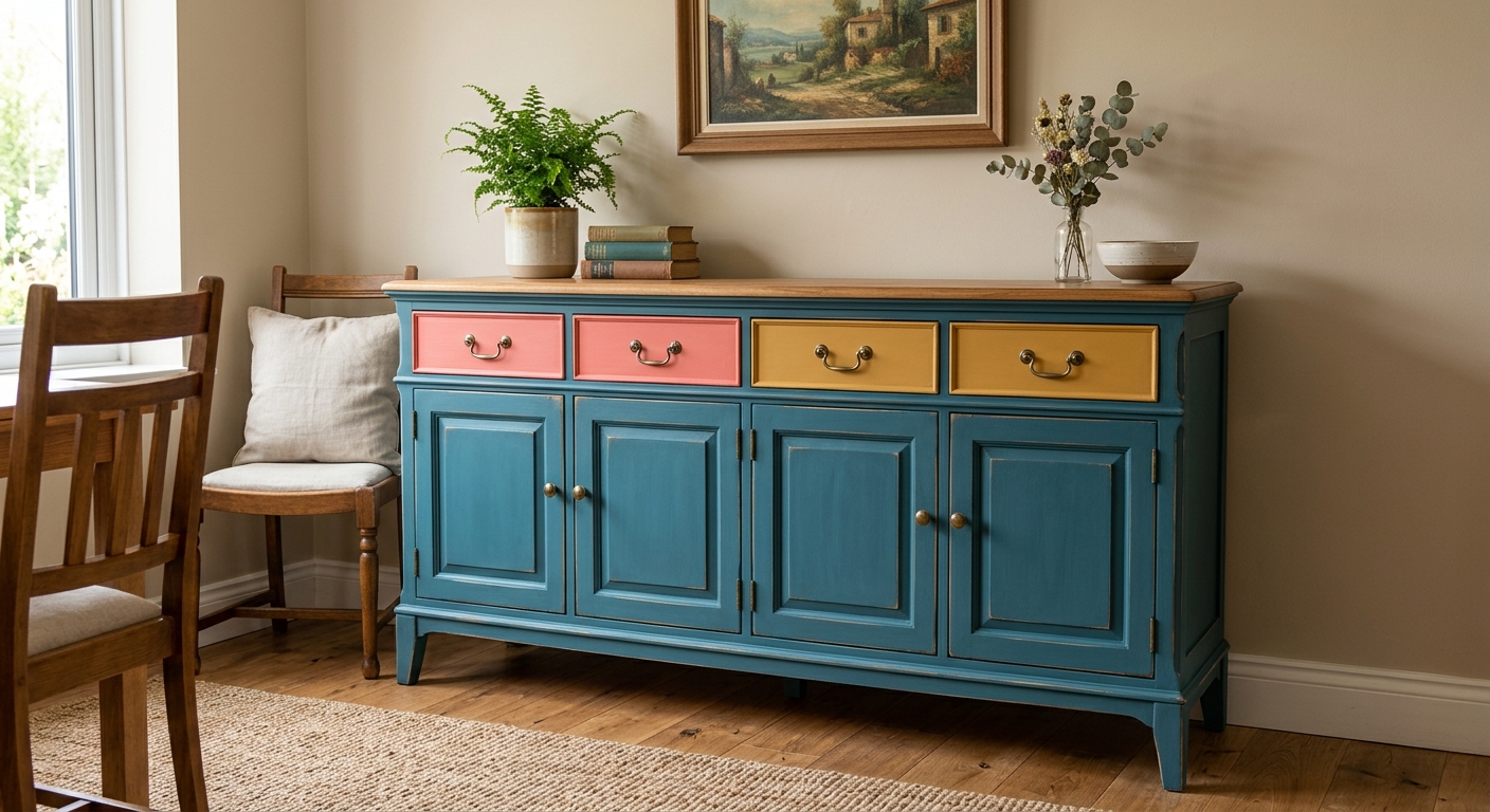 Chalk-painted vintage buffet with teal body, coral and mustard drawers, and natural wood top