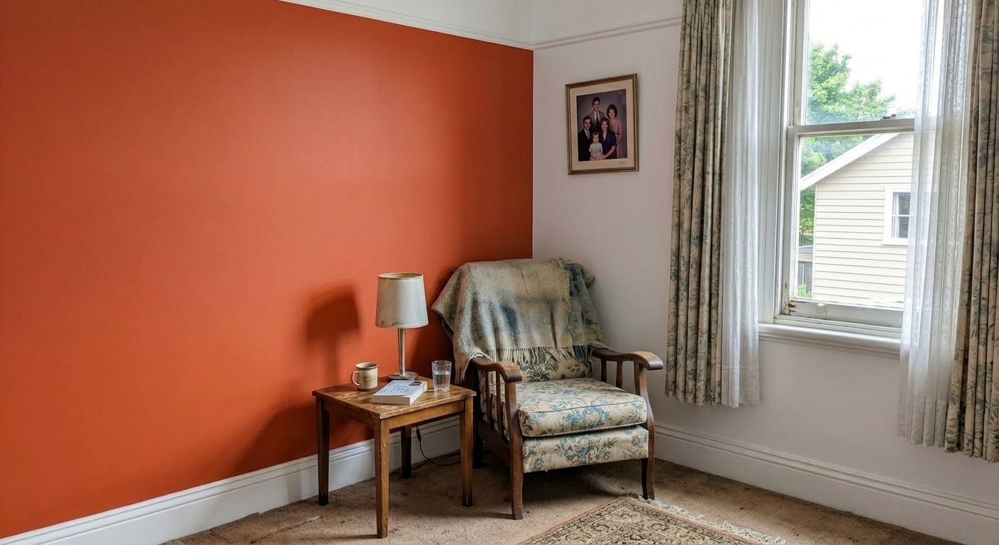 After: sitting room refreshed with a vibrant terracotta accent wall and crisp white walls