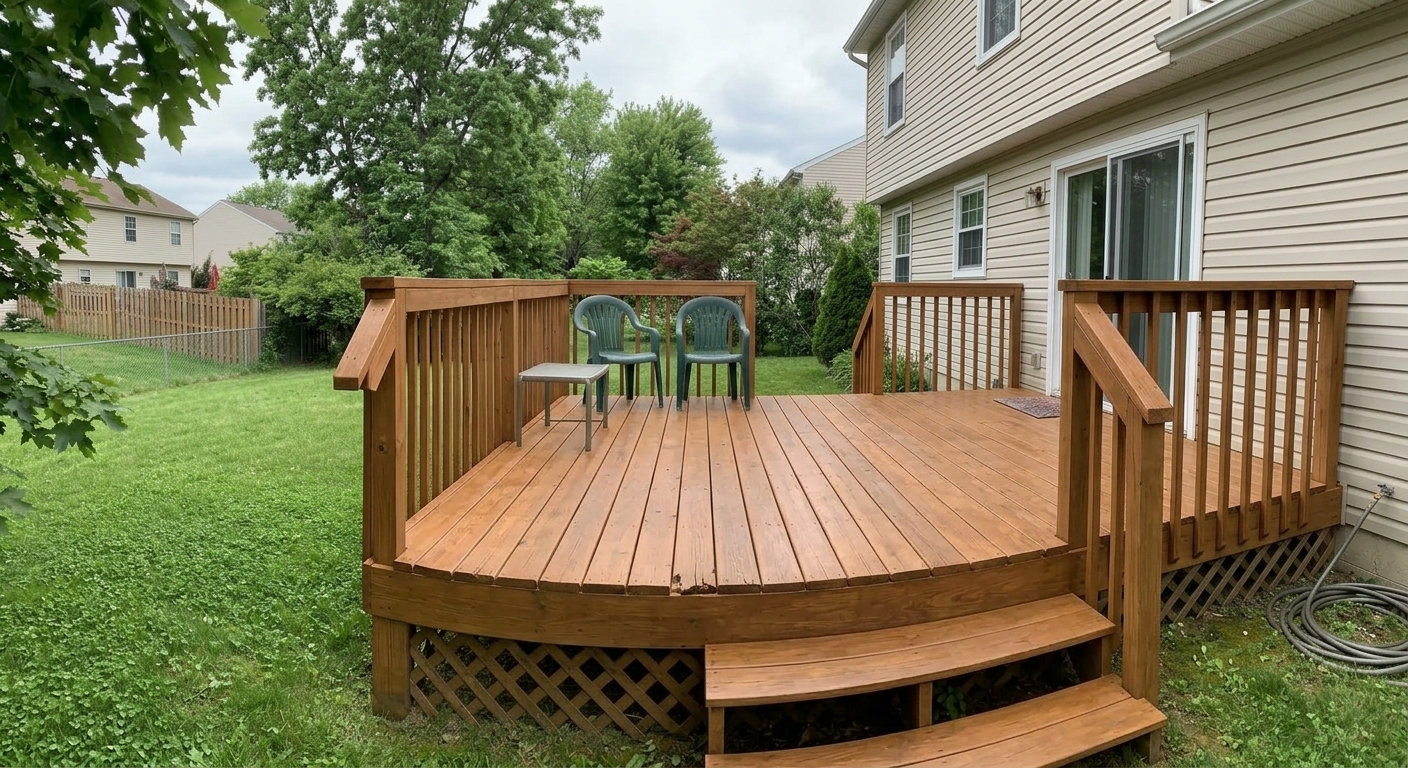After: backyard deck transformed from weathered gray boards to a rich cedar stain