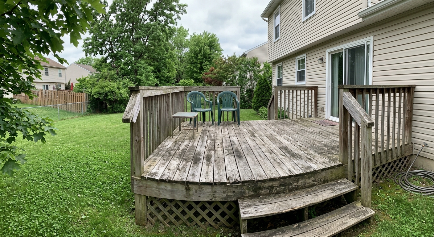 Before: backyard deck transformed from weathered gray boards to a rich cedar stain