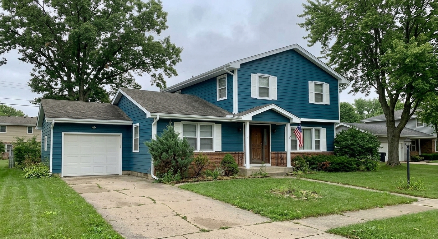 After: two-story Wisconsin house exterior repainted from faded beige to vibrant teal with white trim