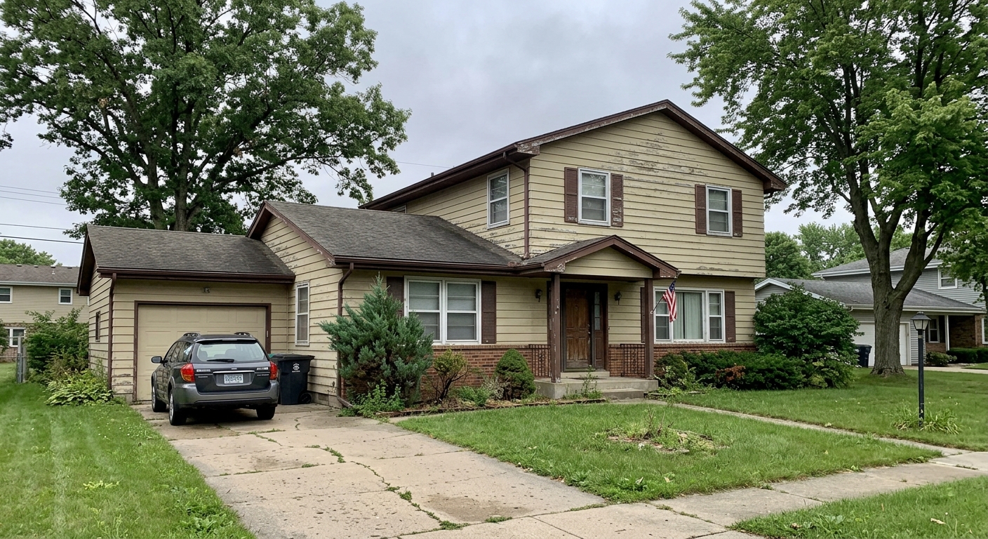 Before: two-story Wisconsin house exterior repainted from faded beige to vibrant teal with white trim