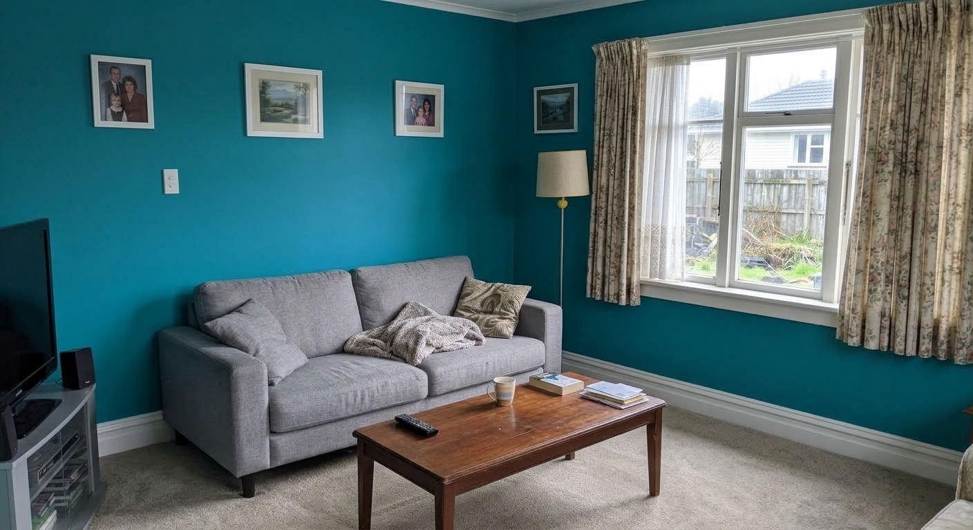 After: living room walls repainted from dull beige to bold vibrant teal