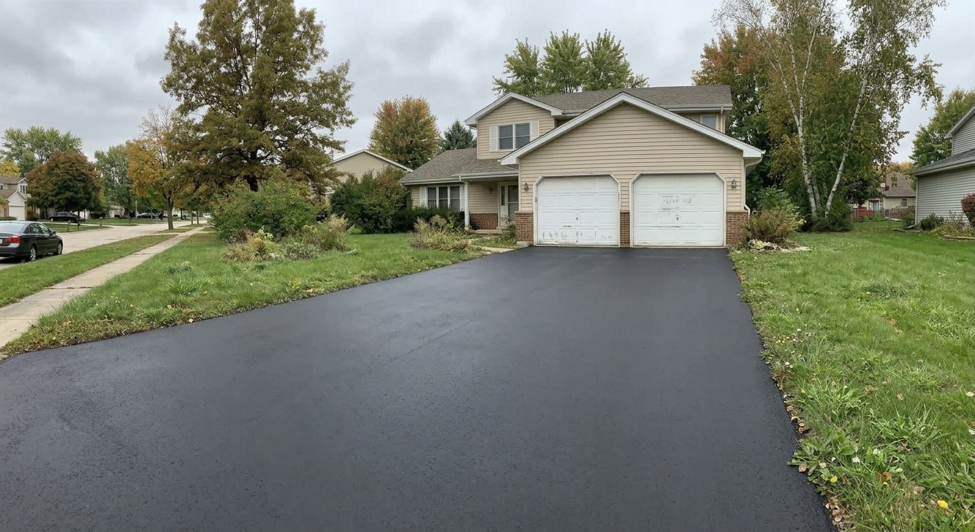After: the same driveway freshly sealcoated in deep black