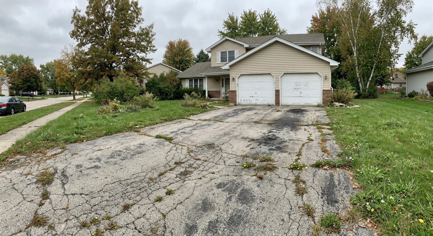 Before: cracked, dingy driveway with grass growing in the cracks